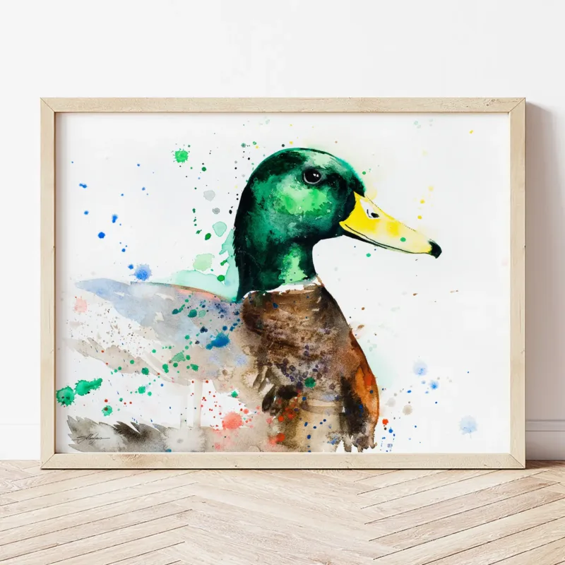 Mallard Duck watercolor painting the artwork on the T-shirt by Slaveika Aladjova
