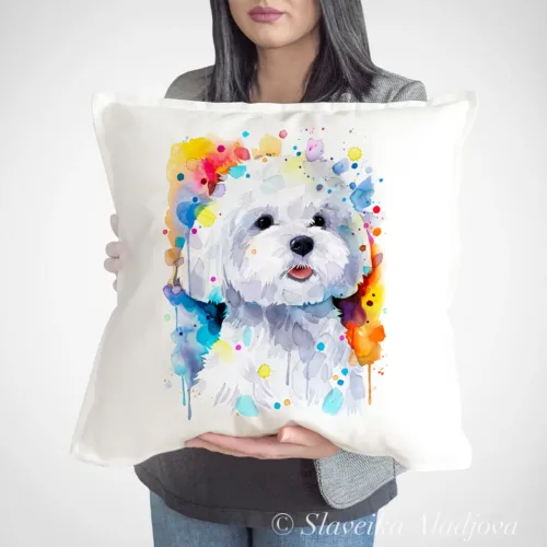 Maltese Dog Art Pillow Cover, Watercolor Cushion 50 × 50 cm Maltese Dog watercolor painting printed on a 50 x 50 cm cotton art pillow cover by Slaveika Aladjova