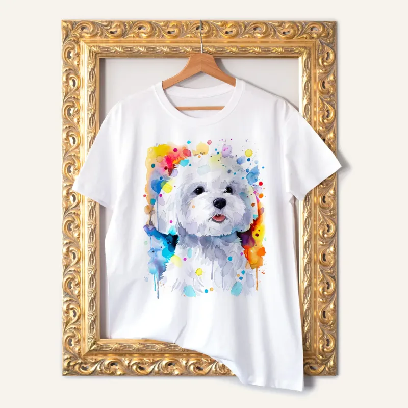 Maltese Dog watercolor painting printed on a white cotton T-shirt by Slaveika Aladjova