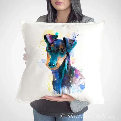 Manchester Terrier Art Pillow Cover, Watercolor Cushion 50 × 50 cm Manchester Terrier watercolor painting printed on a 50 x 50 cm cotton art pillow cover by Slaveika Aladjova