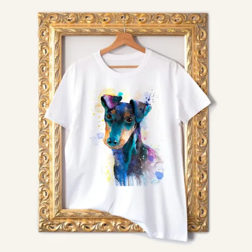 Manchester Terrier watercolor painting printed on a white cotton T-shirt by Slaveika Aladjova