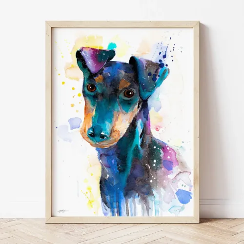 Manchester Terrier watercolor painting the artwork on the T-shirt by Slaveika Aladjova