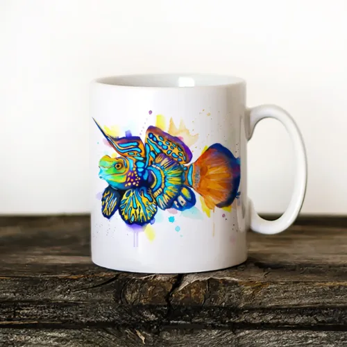 Mandarinfish Art Mug, Watercolor Ceramic Mug 11 oz Mandarinfish watercolor painting printed on an 11 oz ceramic art mug by Slaveika Aladjova