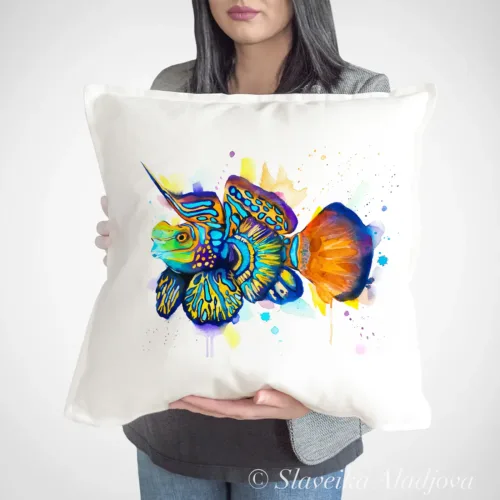 Mandarinfish Art Pillow Cover, Watercolor Cushion 50 × 50 cm Mandarinfish watercolor painting printed on a 50 x 50 cm cotton art pillow cover by Slaveika Aladjova