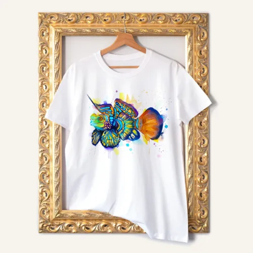 Mandarinfish T-Shirt, Watercolor Art Tee Mandarinfish watercolor painting printed on a white cotton T-shirt by Slaveika Aladjova