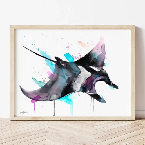Manta Ray watercolor painting the artwork on the T-shirt by Slaveika Aladjova