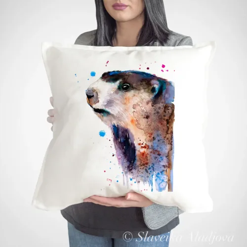 Marmot Art Pillow Cover, Watercolor Cushion 50 × 50 cm Marmot watercolor painting printed on a 50 x 50 cm cotton art pillow cover by Slaveika Aladjova