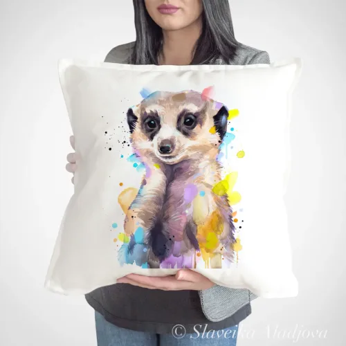 Meerkat Art Pillow Cover, Watercolor Cushion 50 × 50 cm Meerkat watercolor painting printed on a 50 x 50 cm cotton art pillow cover by Slaveika Aladjova