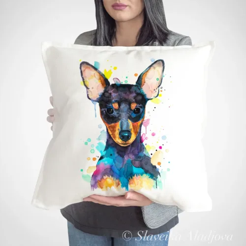 Miniature Pinscher Art Pillow Cover, Watercolor Cushion 50 × 50 cm Miniature Pinscher watercolor painting printed on a 50 x 50 cm cotton art pillow cover by Slaveika Aladjova