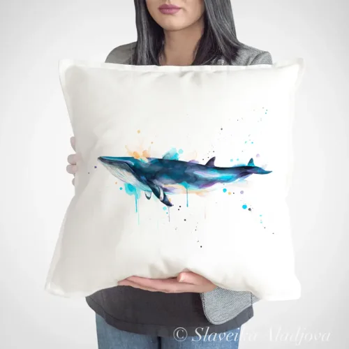 Minke Whale Art Pillow Cover, Watercolor Cushion 50 × 50 cm Minke Whale watercolor painting printed on a 50 x 50 cm cotton art pillow cover by Slaveika Aladjova