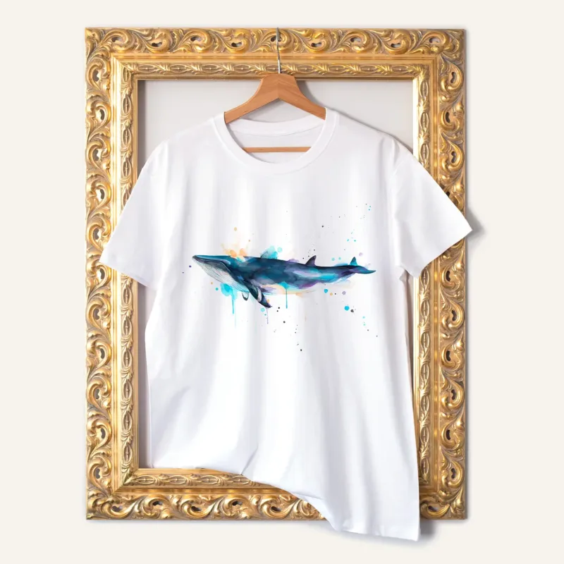 Minke Whale watercolor painting printed on a white cotton T-shirt by Slaveika Aladjova