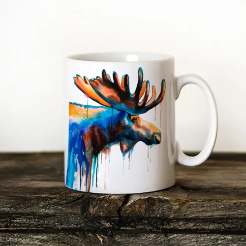 Moose Art Mug, Watercolor Ceramic Mug 11 oz Moose watercolor painting printed on an 11 oz ceramic art mug by Slaveika Aladjova