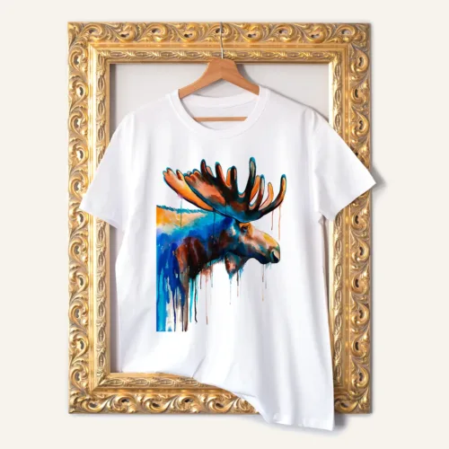 Moose T-Shirt, Watercolor Art Tee Moose watercolor painting printed on a white cotton T-shirt by Slaveika Aladjova