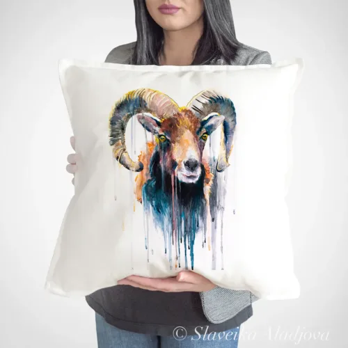 Mouflon Art Pillow Cover, Watercolor Cushion 50 × 50 cm Mouflon watercolor painting printed on a 50 x 50 cm cotton art pillow cover by Slaveika Aladjova