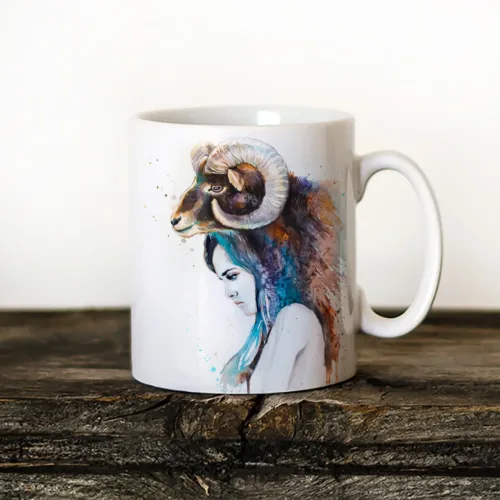 Mouflon Girl Art Mug, Watercolor Ceramic Mug 11 oz Mouflon Girl watercolor painting printed on an 11 oz ceramic art mug by Slaveika Aladjova