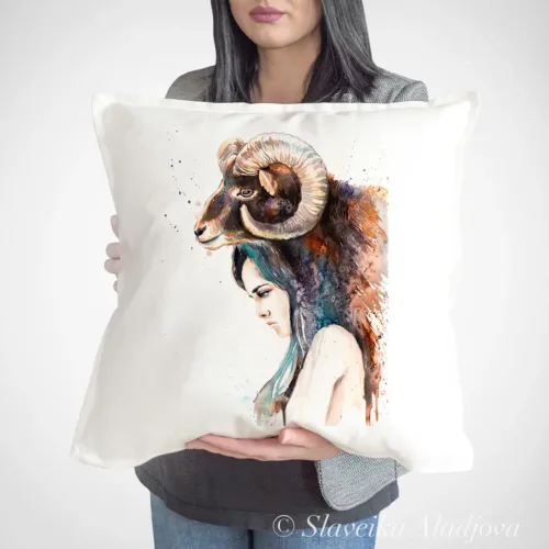 Mouflon Girl Art Pillow Cover, Watercolor Cushion 50 × 50 cm Mouflon Girl watercolor painting printed on a 50 x 50 cm cotton art pillow cover by Slaveika Aladjova