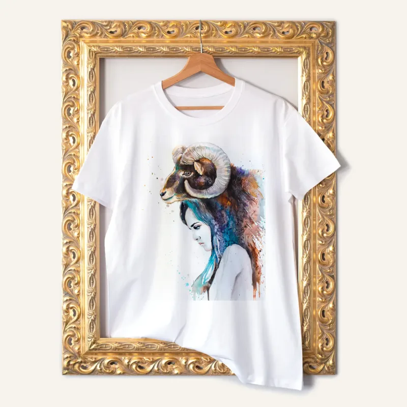 Mouflon Girl watercolor painting printed on a white cotton T-shirt by Slaveika Aladjova