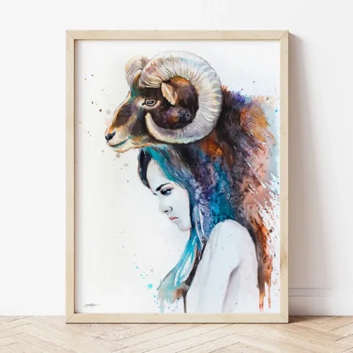 Mouflon Girl watercolor painting the artwork on the T-shirt by Slaveika Aladjova