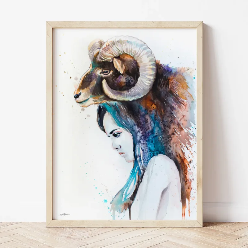 Mouflon Girl watercolor painting the artwork on the T-shirt by Slaveika Aladjova