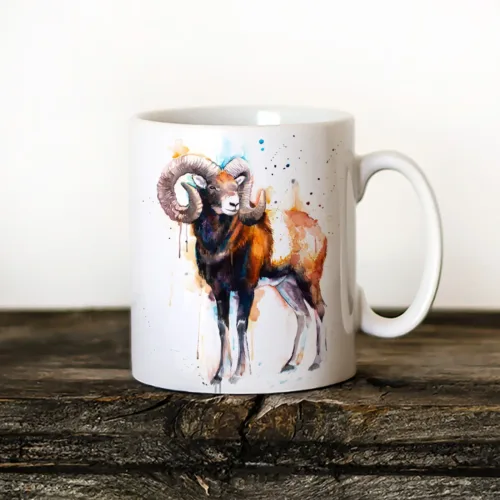 Mouflon Ram Art Mug, Watercolor Ceramic Mug 11 oz Mouflon Ram watercolor painting printed on an 11 oz ceramic art mug by Slaveika Aladjova