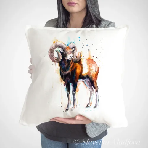 Mouflon Ram Art Pillow Cover, Watercolor Cushion 50 × 50 cm Mouflon Ram watercolor painting printed on a 50 x 50 cm cotton art pillow cover by Slaveika Aladjova