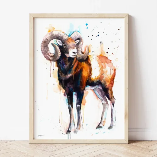 Mouflon Ram watercolor painting the artwork on the T-shirt by Slaveika Aladjova