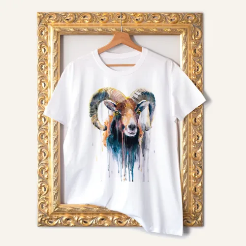 Mouflon T-Shirt, Watercolor Art Tee Mouflon watercolor painting printed on a white cotton T-shirt by Slaveika Aladjova