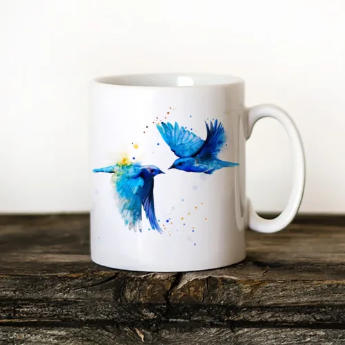 Mountain Bluebirds Art Mug, Watercolor Ceramic Mug 11 oz Mountain Bluebirds watercolor painting printed on an 11 oz ceramic art mug by Slaveika Aladjova