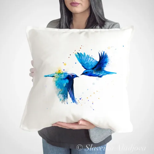 Mountain Bluebirds Art Pillow Cover, Watercolor Cushion 50 × 50 cm Mountain Bluebirds watercolor painting printed on a 50 x 50 cm cotton art pillow cover by Slaveika Aladjova