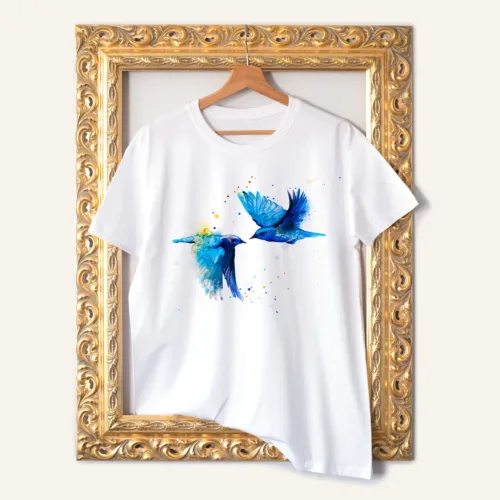 Mountain Bluebirds watercolor painting printed on a white cotton T-shirt by Slaveika Aladjova