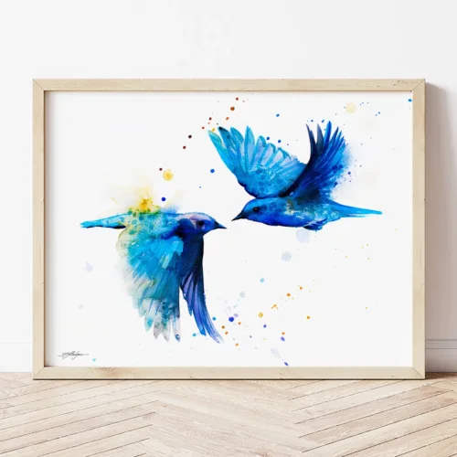 Mountain Bluebirds watercolor painting the artwork on the T-shirt by Slaveika Aladjova