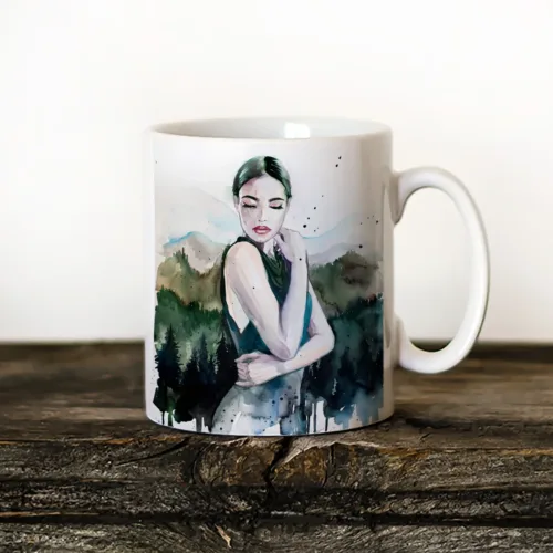 Mountain Girl Art Mug, Watercolor Ceramic Mug 11 oz Mountain Girl watercolor painting printed on an 11 oz ceramic art mug by Slaveika Aladjova