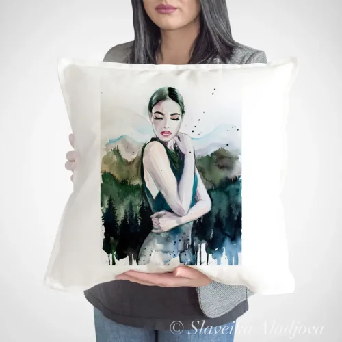 Mountain Girl Art Pillow Cover, Watercolor Cushion 50 × 50 cm Mountain Girl watercolor painting printed on a 50 x 50 cm cotton art pillow cover by Slaveika Aladjova