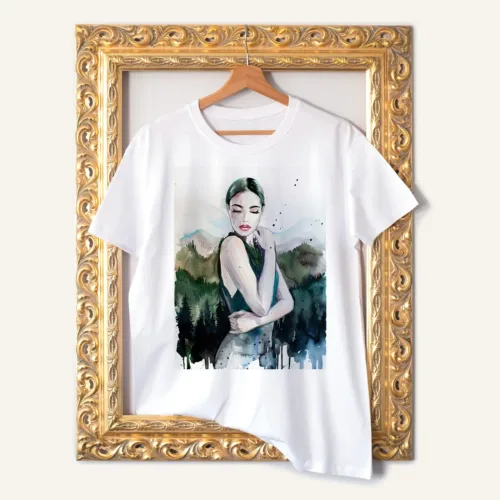Mountain Girl T-Shirt, Watercolor Art Tee Mountain Girl watercolor painting printed on a white cotton T-shirt by Slaveika Aladjova