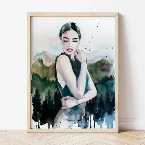 Mountain Girl watercolor painting the artwork on the T-shirt by Slaveika Aladjova