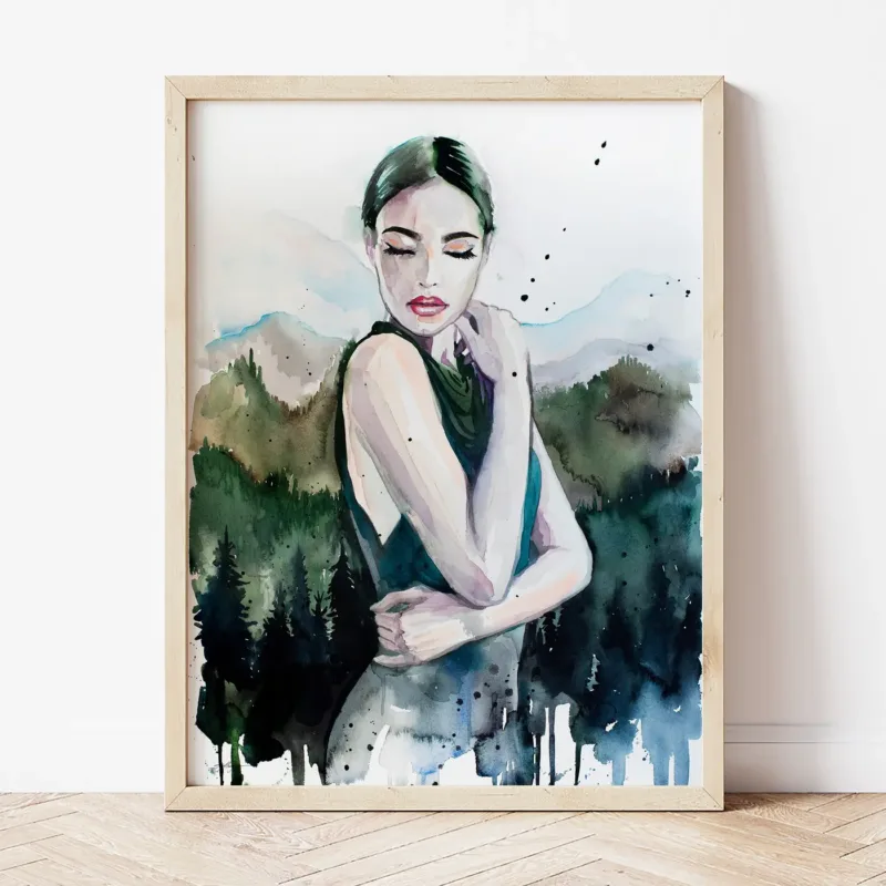 Mountain Girl watercolor painting the artwork on the T-shirt by Slaveika Aladjova