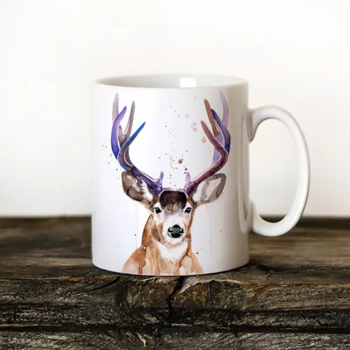 Mule Deer Art Mug, Watercolor Ceramic Mug 11 oz Mule Deer watercolor painting printed on an 11 oz ceramic art mug by Slaveika Aladjova