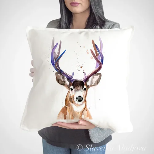 Mule Deer Art Pillow Cover, Watercolor Cushion 50 × 50 cm Mule Deer watercolor painting printed on a 50 x 50 cm cotton art pillow cover by Slaveika Aladjova