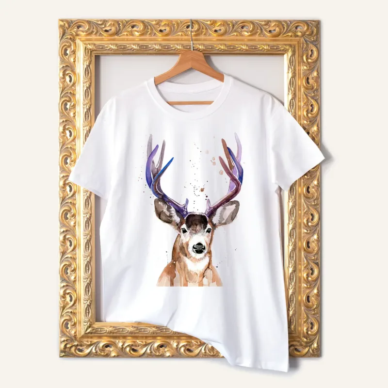Mule Deer watercolor painting printed on a white cotton T-shirt by Slaveika Aladjova