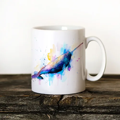 Narwhal Art Mug, Watercolor Ceramic Mug 11 oz Narwhal watercolor painting printed on an 11 oz ceramic art mug by Slaveika Aladjova