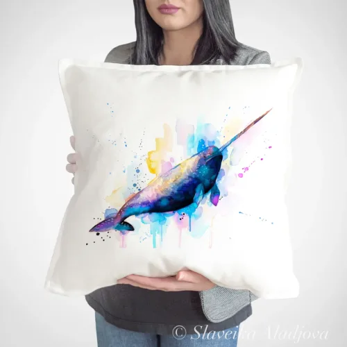 Narwhal Art Pillow Cover, Watercolor Cushion 50 × 50 cm Narwhal watercolor painting printed on a 50 x 50 cm cotton art pillow cover by Slaveika Aladjova