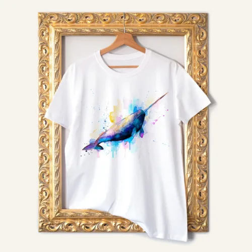 Narwhal T-Shirt, Watercolor Art Tee Narwhal watercolor painting printed on a white cotton T-shirt by Slaveika Aladjova