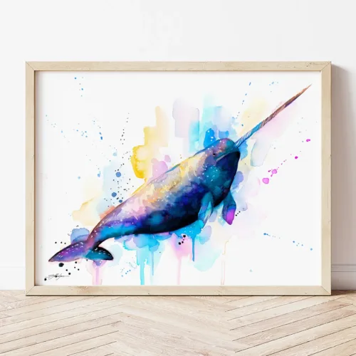Narwhal watercolor painting the artwork on the T-shirt by Slaveika Aladjova