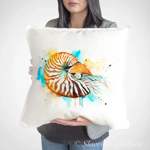 Nautilus Art Pillow Cover, Watercolor Cushion 50 × 50 cm Nautilus watercolor painting printed on a 50 x 50 cm cotton art pillow cover by Slaveika Aladjova