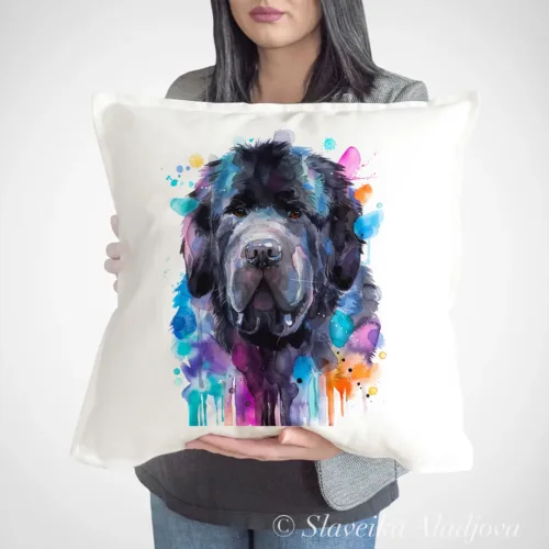 Newfoundland Dog Art Pillow Cover, Watercolor Cushion 50 × 50 cm Newfoundland Dog watercolor painting printed on a 50 x 50 cm cotton art pillow cover by Slaveika Aladjova