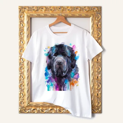 Newfoundland Dog T-Shirt, Watercolor Art Tee Newfoundland Dog watercolor painting printed on a white cotton T-shirt by Slaveika Aladjova