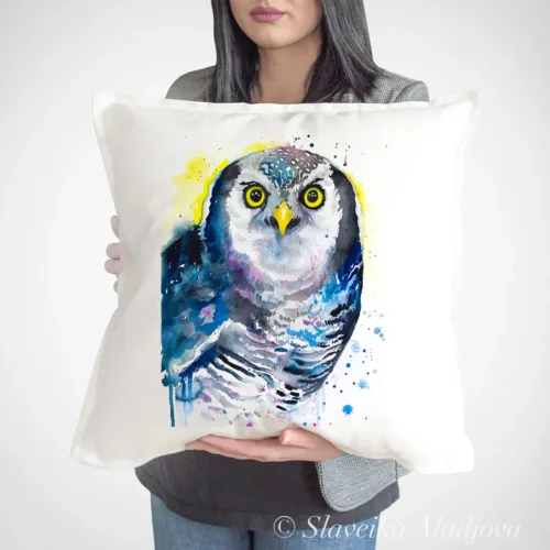 Northern Hawk-Owl Art Pillow Cover, Watercolor Cushion 50 × 50 cm Northern Hawk-Owl watercolor painting printed on a 50 x 50 cm cotton art pillow cover by Slaveika Aladjova