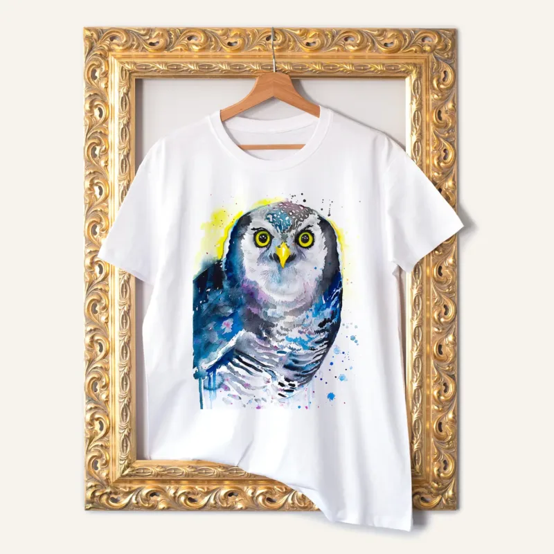 Northern Hawk-Owl watercolor painting printed on a white cotton T-shirt by Slaveika Aladjova