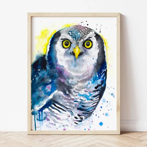 Northern Hawk-Owl watercolor painting the artwork on the T-shirt by Slaveika Aladjova