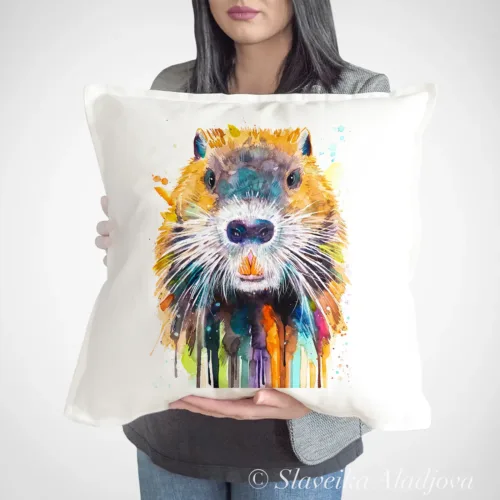 Nutria Art Pillow Cover, Watercolor Cushion 50 × 50 cm Nutria watercolor painting printed on a 50 x 50 cm cotton art pillow cover by Slaveika Aladjova